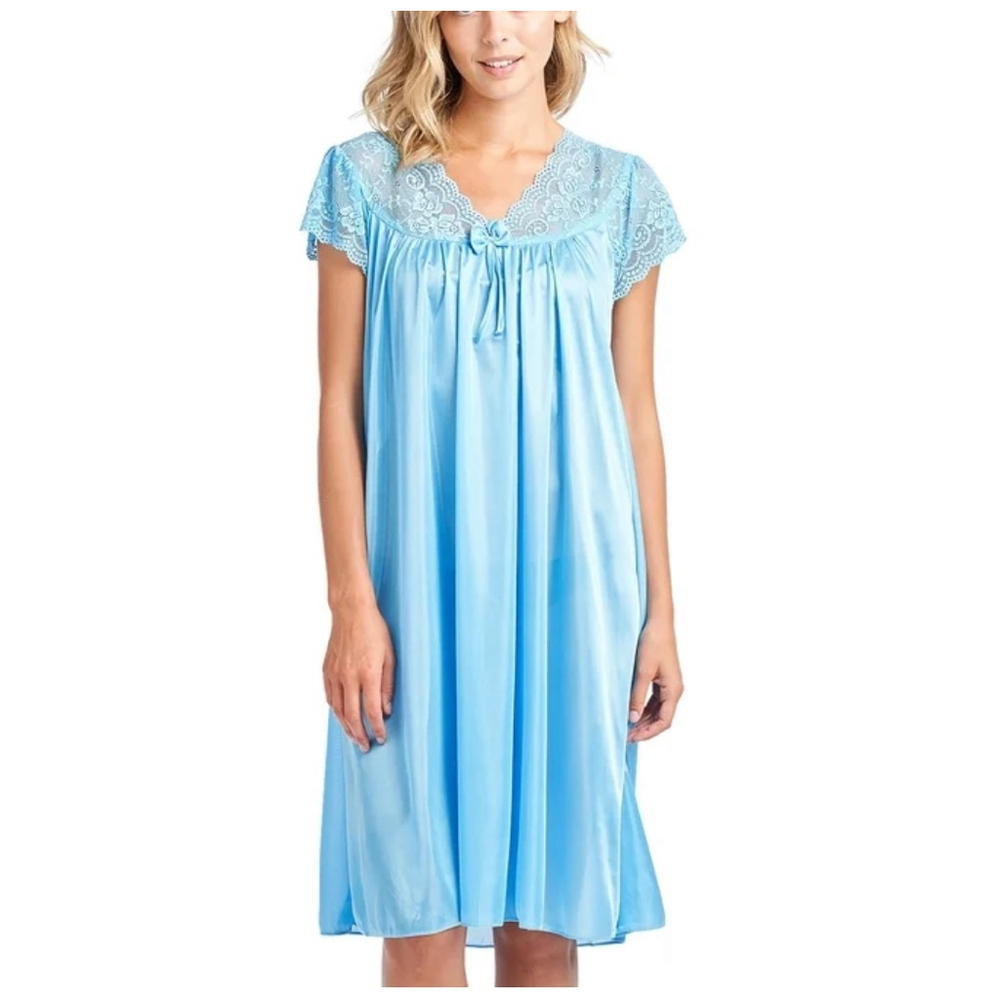 Casual Nights Women's Fancy Lace Neckline Silky Tricot Nightgown Sky Blue New S